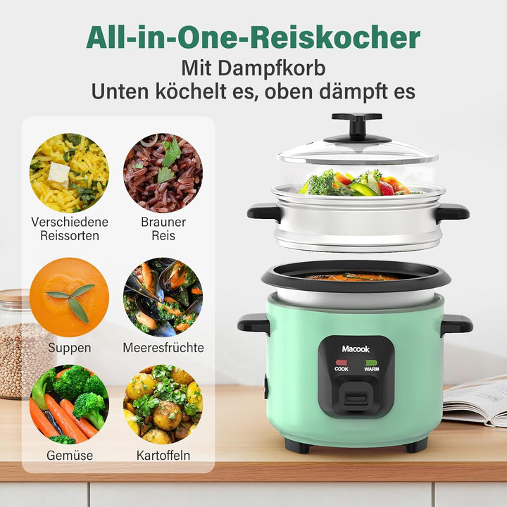 0.6 L Mini-Reiskocher 3-Tassen ungekocht, Macook Tragbarer Antihaft-Reis-Kocher, mit Aluminium-Dampf