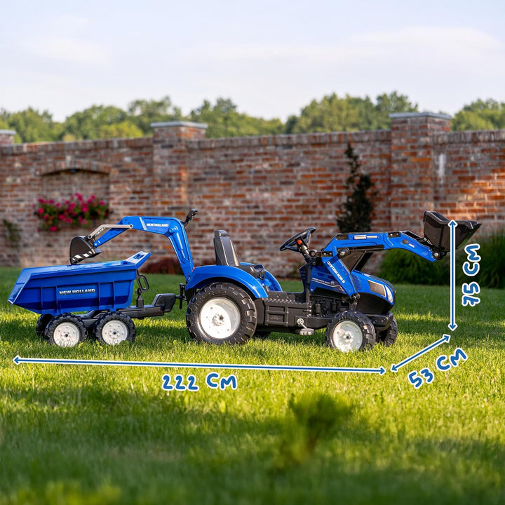 Falk New Holland T8 Tractor + Aanhanger + Lader + Graafarm Frontlader, Heckbagger, Kippbarem Anhänge