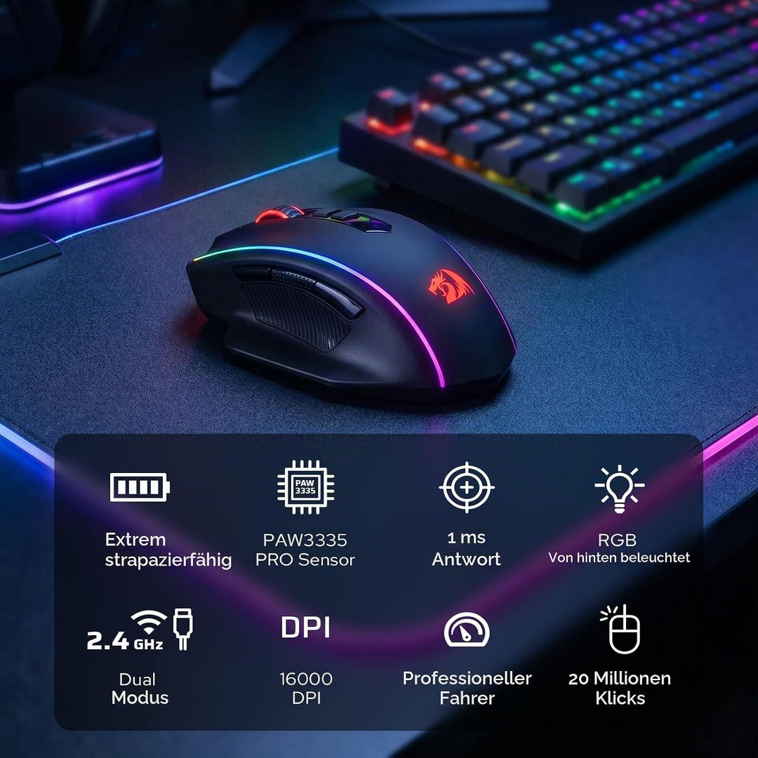 Redragon M686 Vampire Elite Kabellose Gaming Maus, 16000 DPI Kabelgebunde/Kabellose Maus mit Profess