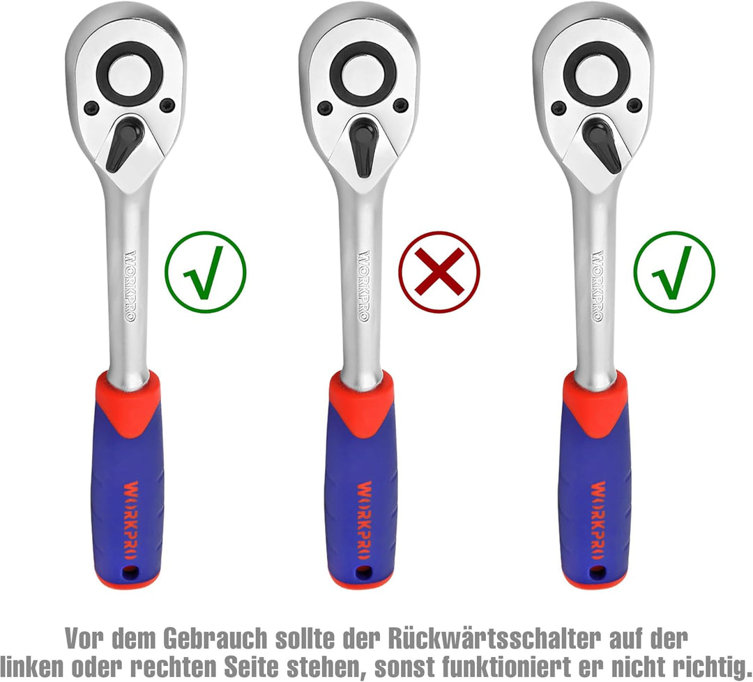 WORKPRO Steckschlüsselsatz 108-teilig, Knarrenkasten Ratschenkasten für Auto, mit 1/4" und 1/2" Umsc