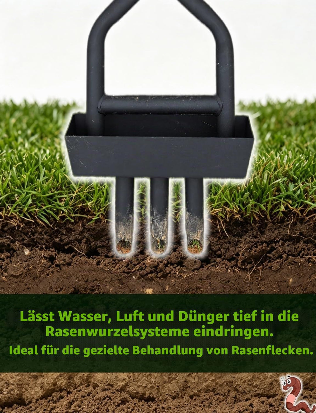 Manueller Rasenbelüfter mit 3 Hohlspoon-Zinken &amp; Auffangrahmen schwarz, 99cm Länge &amp; 21.5cm Breite,