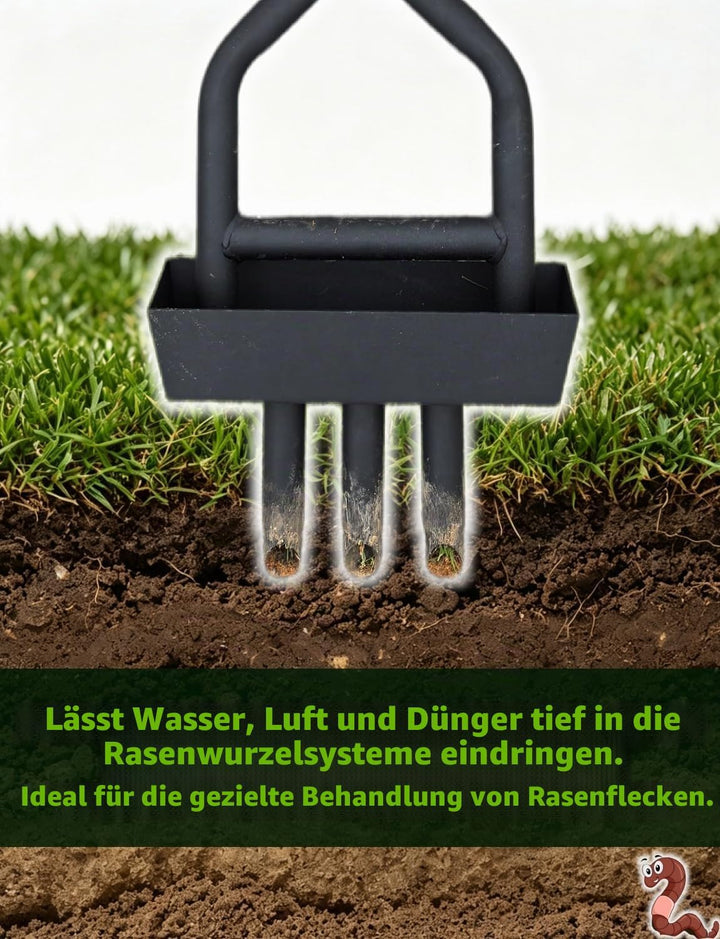 Manueller Rasenbelüfter mit 3 Hohlspoon-Zinken &amp; Auffangrahmen schwarz, 99cm Länge &amp; 21.5cm Breite,