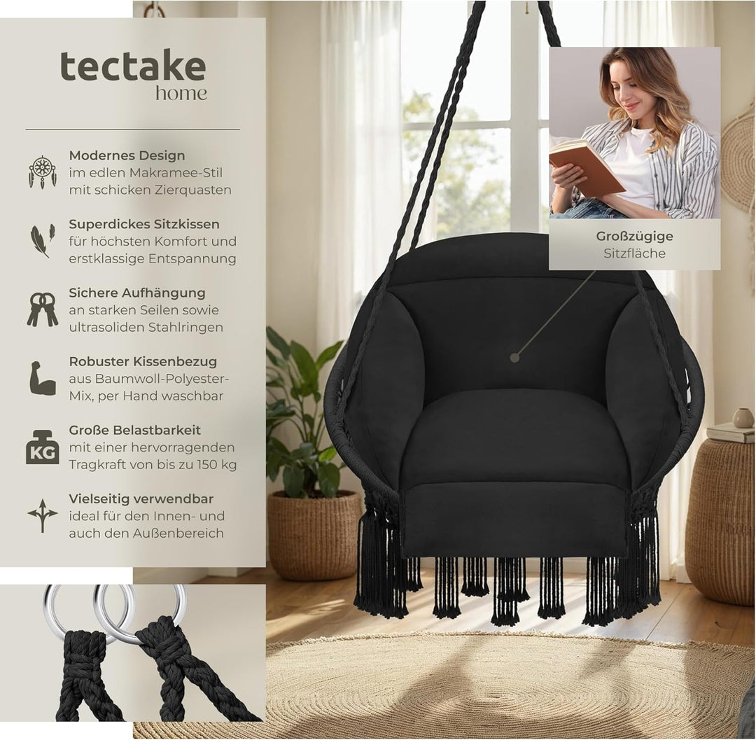 tectake® Hängesessel, Hängeschaukel mit dicken Kissen & Quasten, Boho Hängekorb Ø 80 cm, Hängesessel