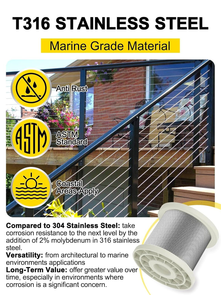 TooTaci 5mm T316 Edelstahlseil, 30M /5mm Drahtseil, Schwerlast-Geländerset – 7×19 Litzen Marinequali