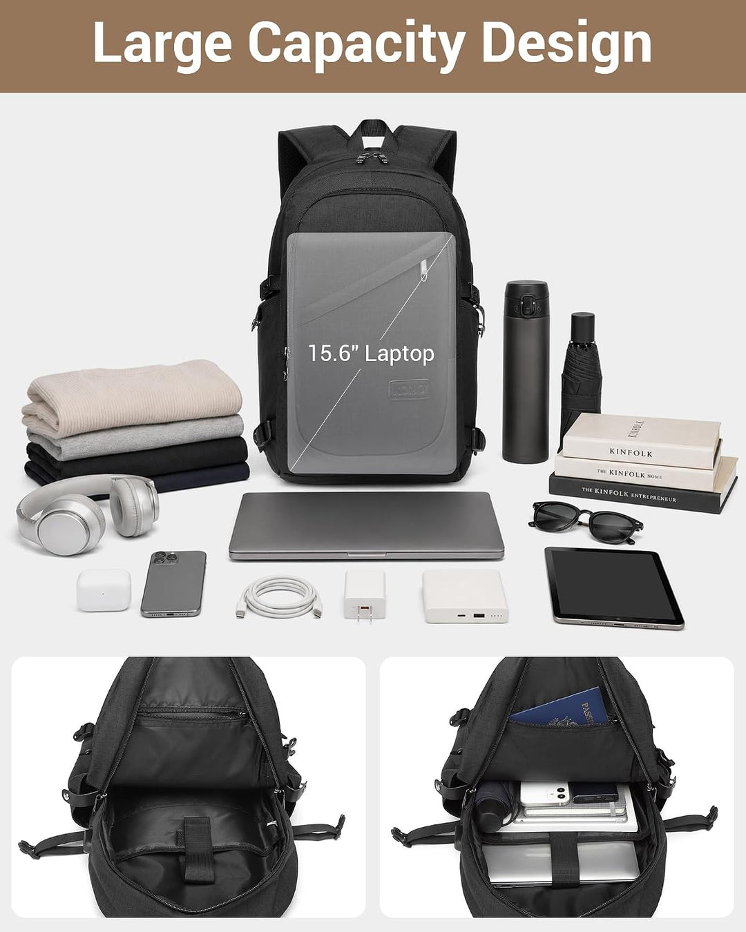 Kono Laptop-Rucksack Diebstahlsicherung Reisen Geschäft Arbeiten Computer Schwarz, Schwarz