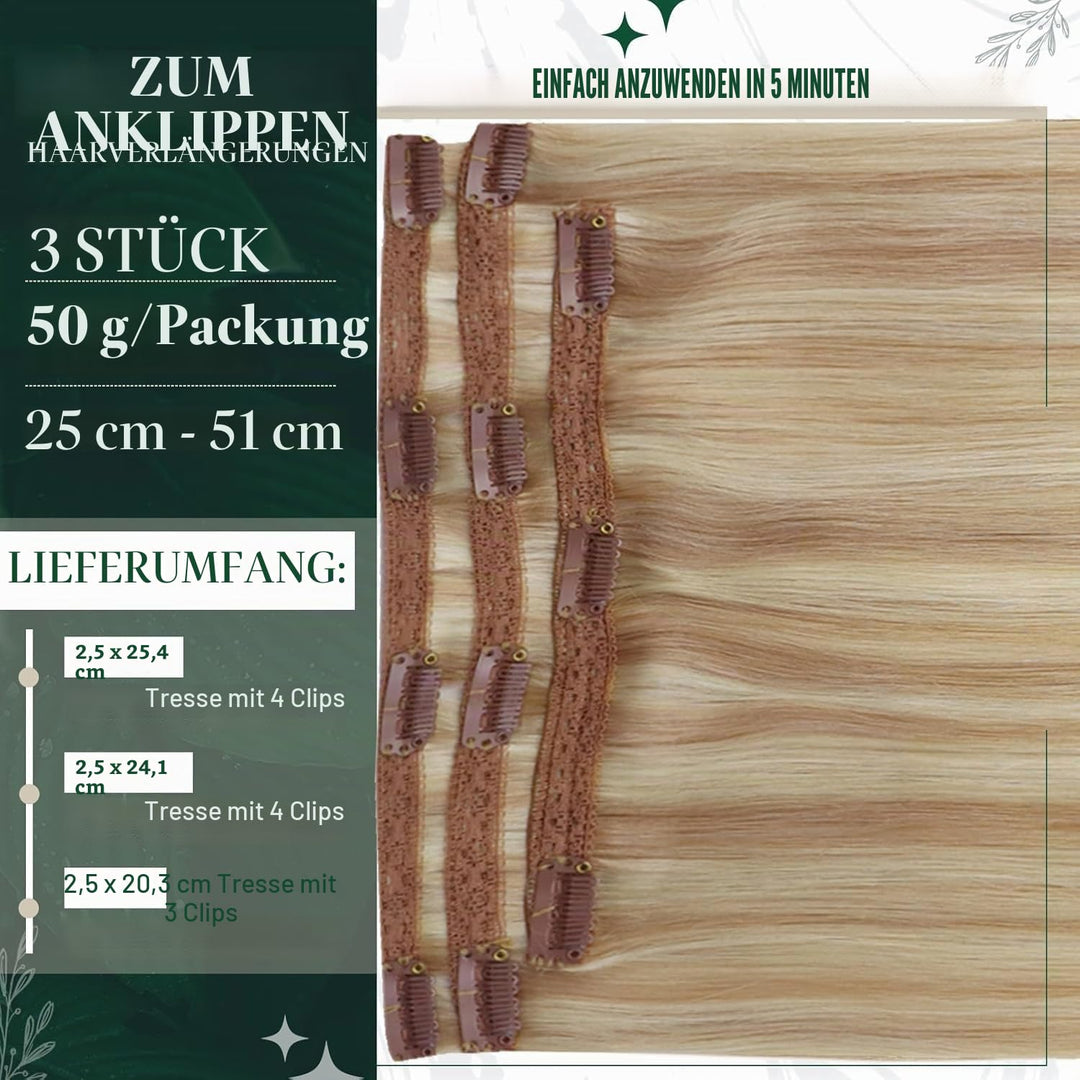 RUNATURE Clip in Extensions Echthaar Aschblond mit Platinblond Clip in Haarextension Echthaar Clips