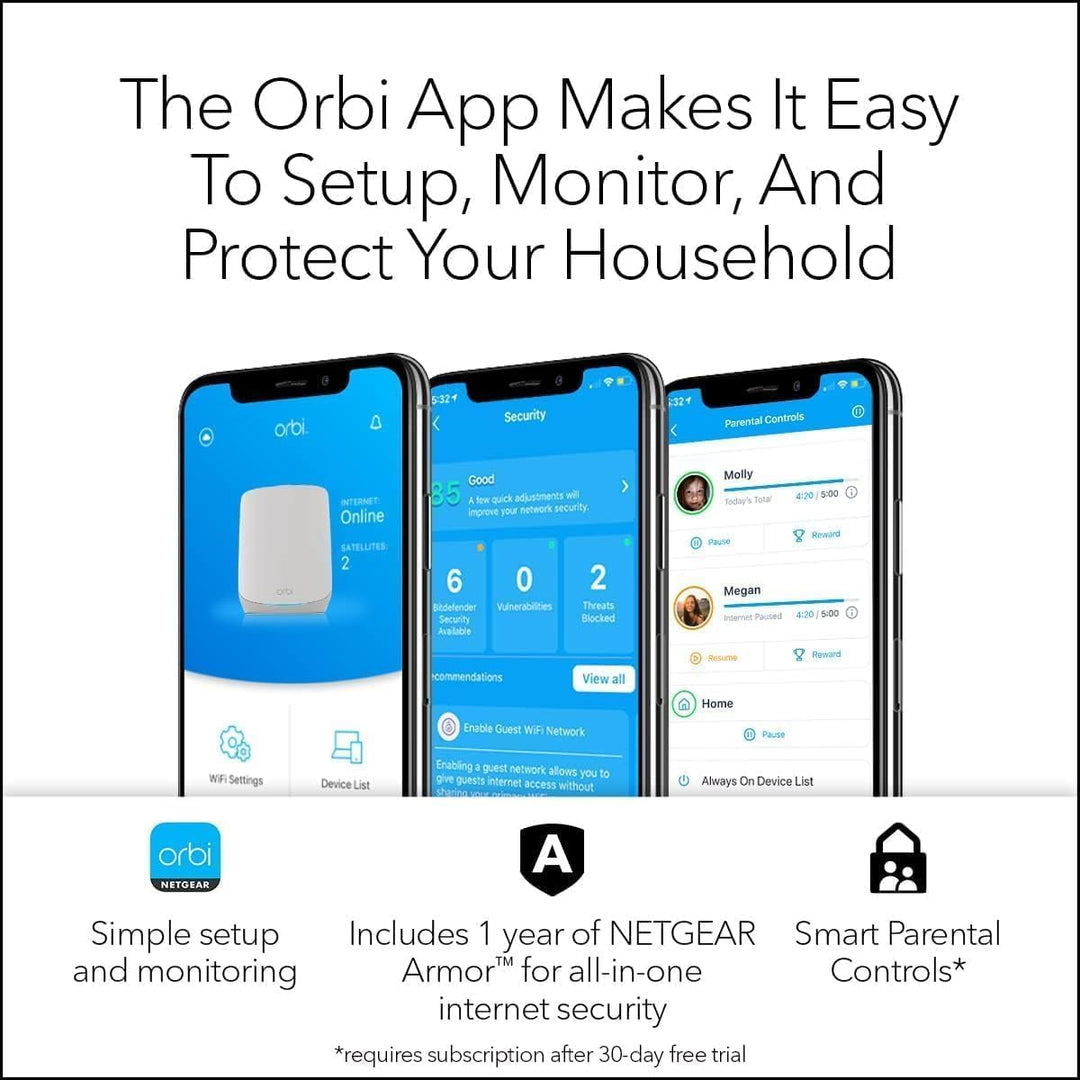 NETGEAR Orbi RBK763S WiFi 6 Mesh WLAN System (5400 MBit/s Geschwindigkeit, TriBand WiFi 6 Router + 2