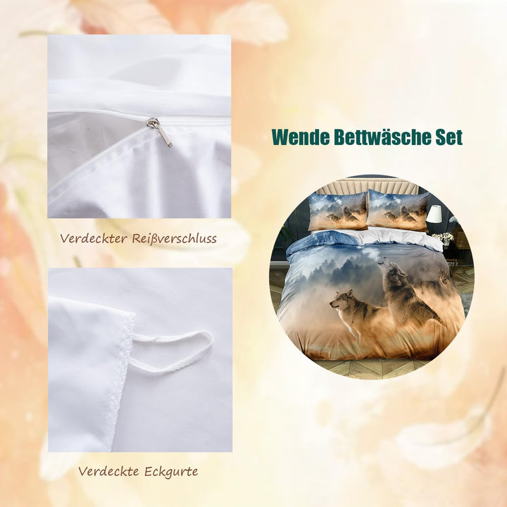 3D Wolf Theme Muster Bettbezug,3D Realistisches Tier Wolf Motiv Bettwäsche Set,Wolf-Motiv-Druck-Desi