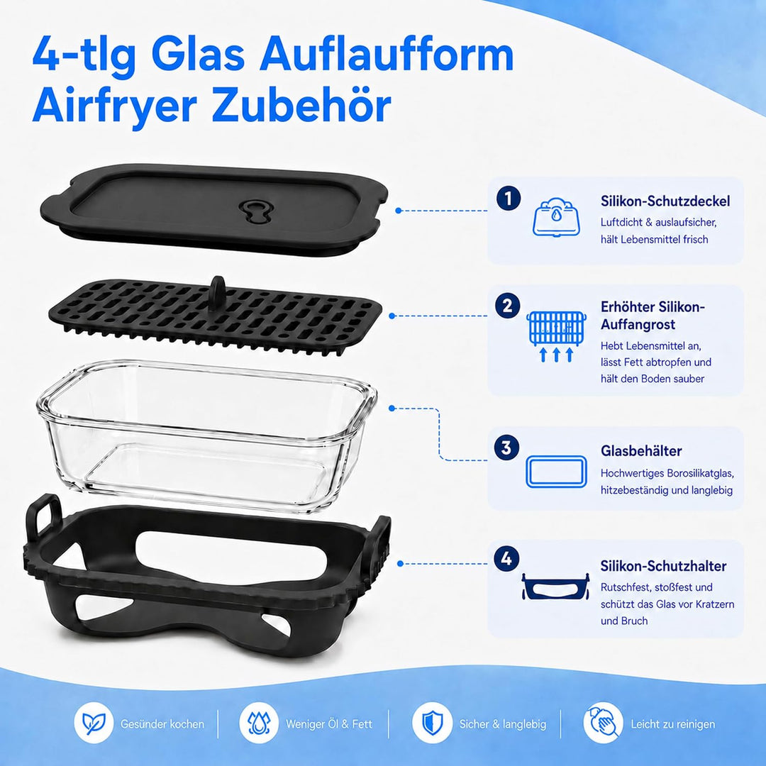 Auflaufform Airfryer für Ninja AF400EU/DZ400EU/AF500EU/COSORI Heissluftfritteuse 2 Kammern, Glas Air