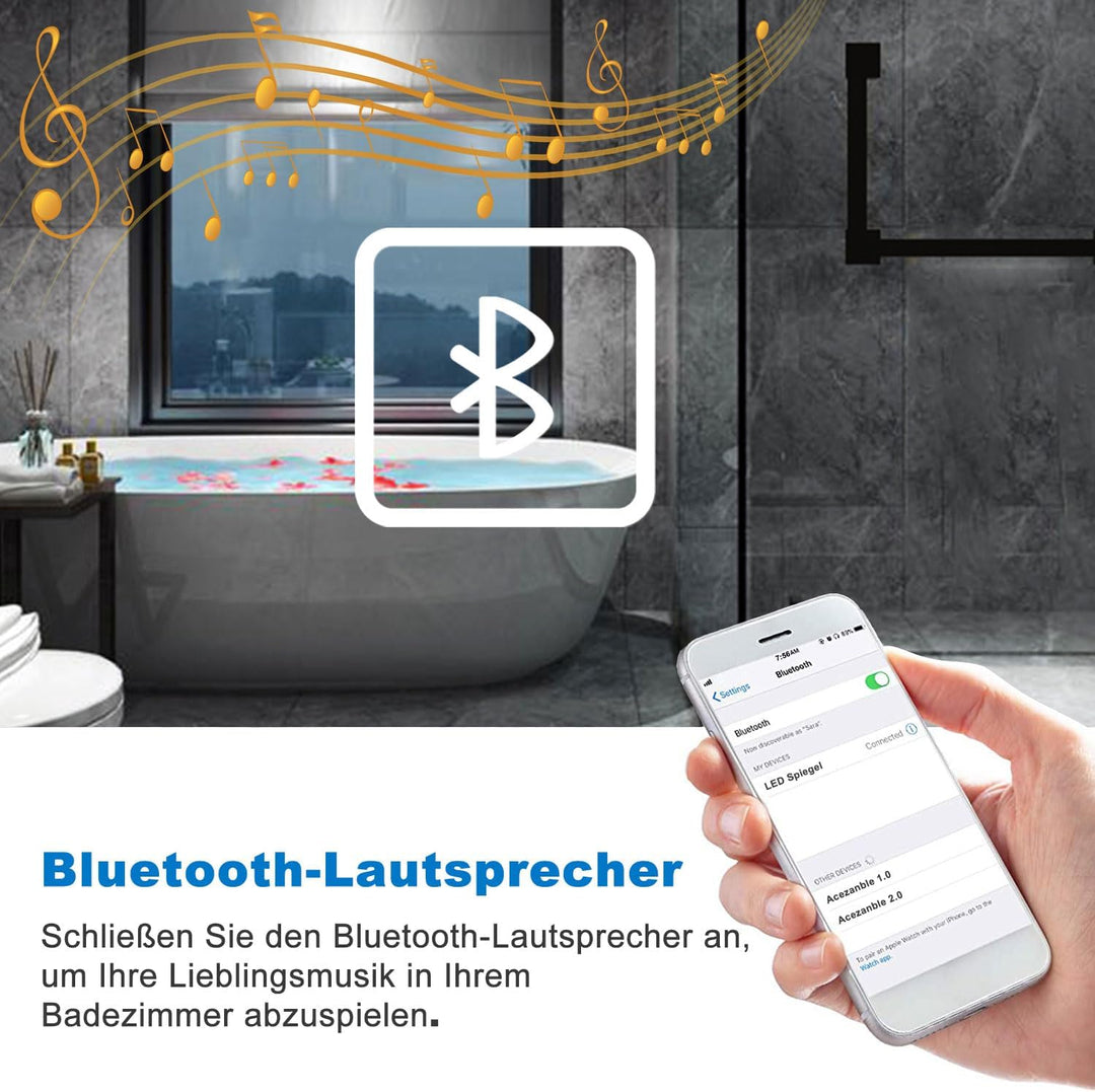 LED Badspeigel 70×50cm Bluetooth Uhr 3 Lichfarbe dimmbar Memory Wand/Touchschalter Anti-Beschlag Spi