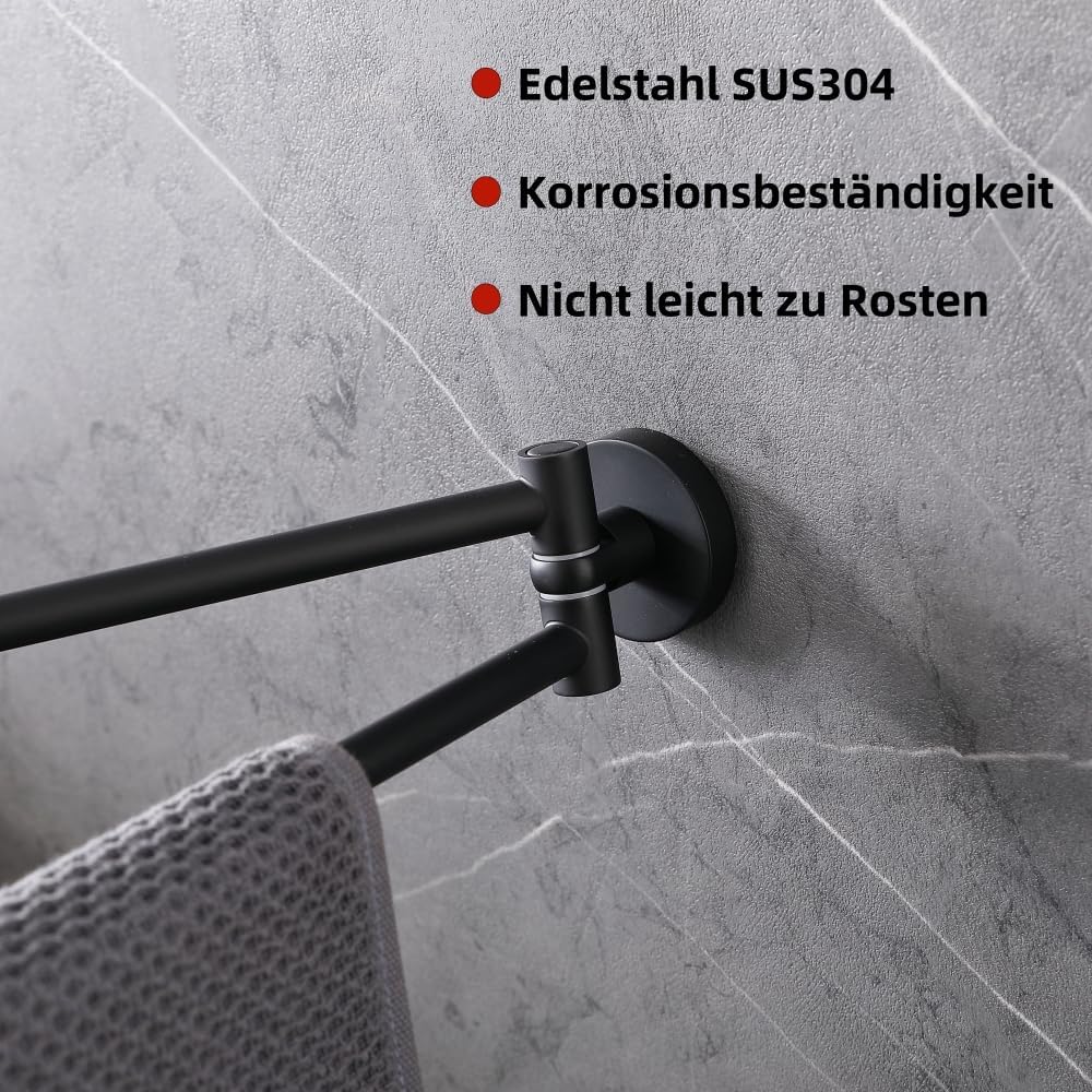 HomeHeng Zweiarmig Schwenkbar Handtuchhalter,Edelstahl Matt Schwarz Wand Handtuchhalter Bad Handtuch