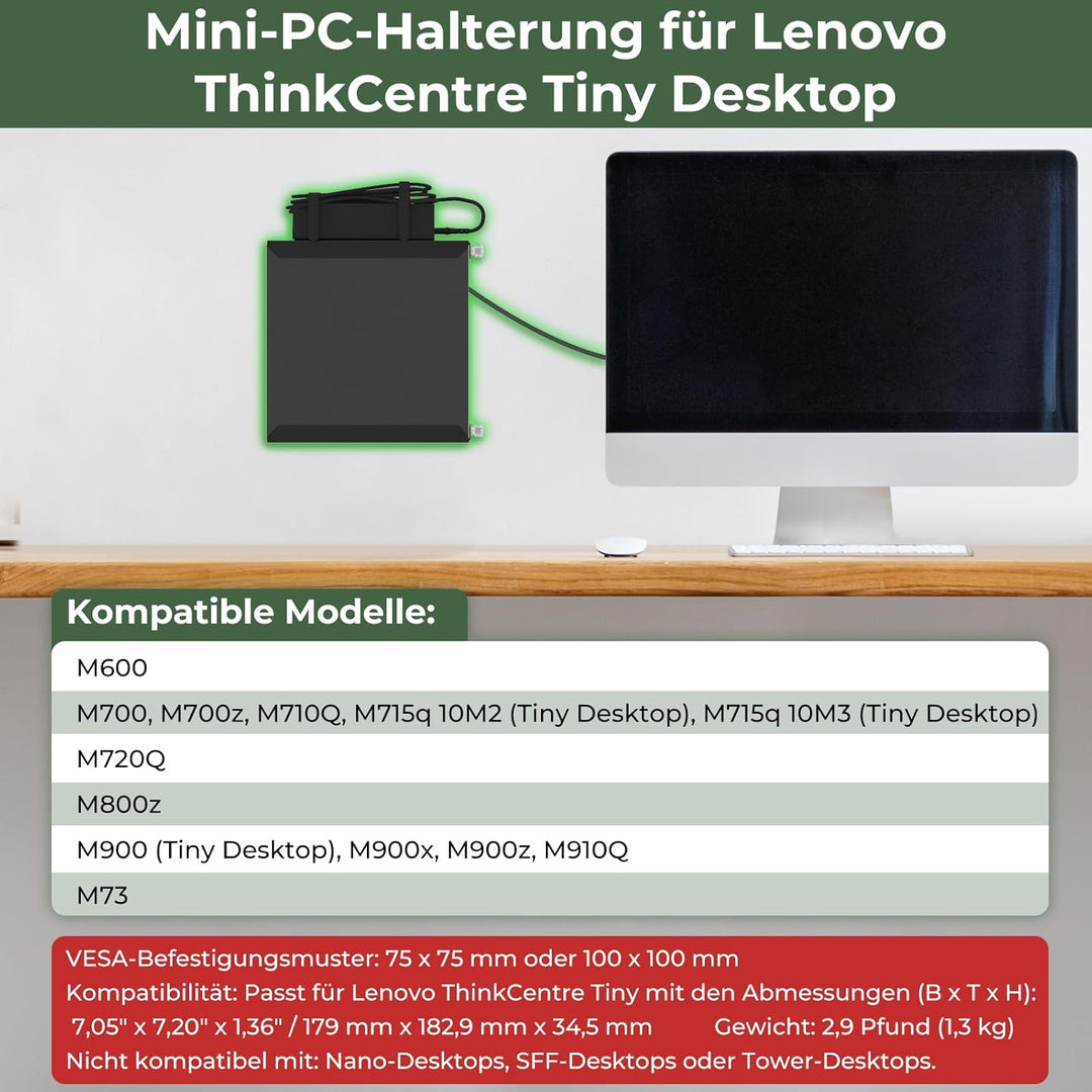 Mini PC Halterung für Lenovo ThinkCentre, Wand/VESA/Untertisch Halterung für Lenovo ThinkCentre M600