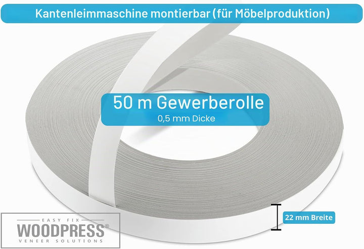 WoodPress® 22mm Mattweisse Melamin Kantenumleimer mit Schmelzkleber – 50m Industrielle Rolle – Einfa