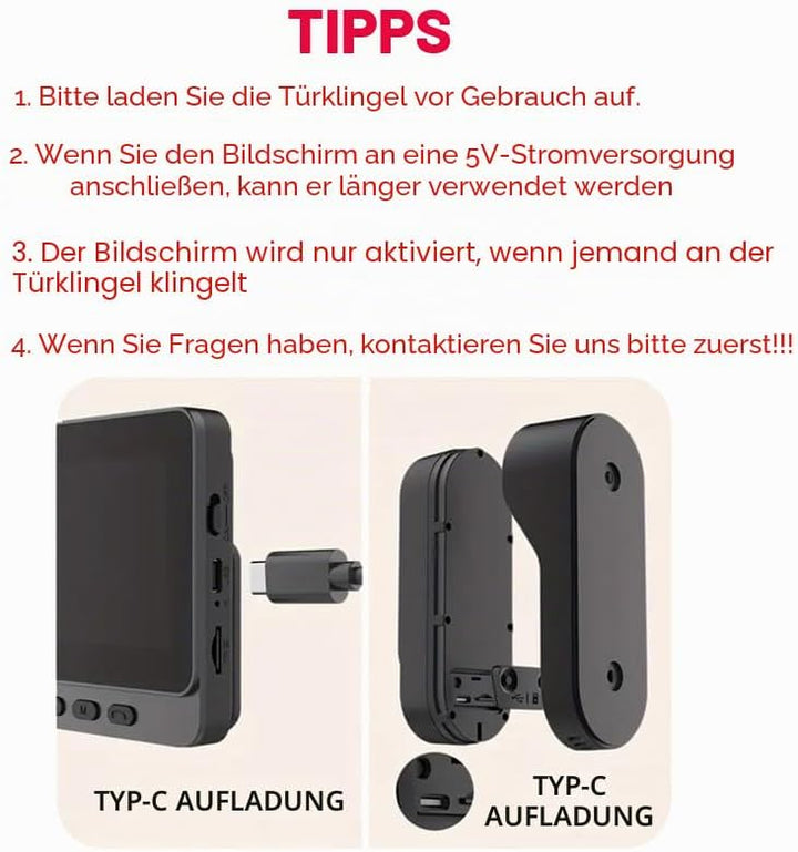 Smart Video Türklingel mit 4.3" HD Innenmonitor Kabellose Türklingel Wasserdicht 1080P HD-Monitor, 1