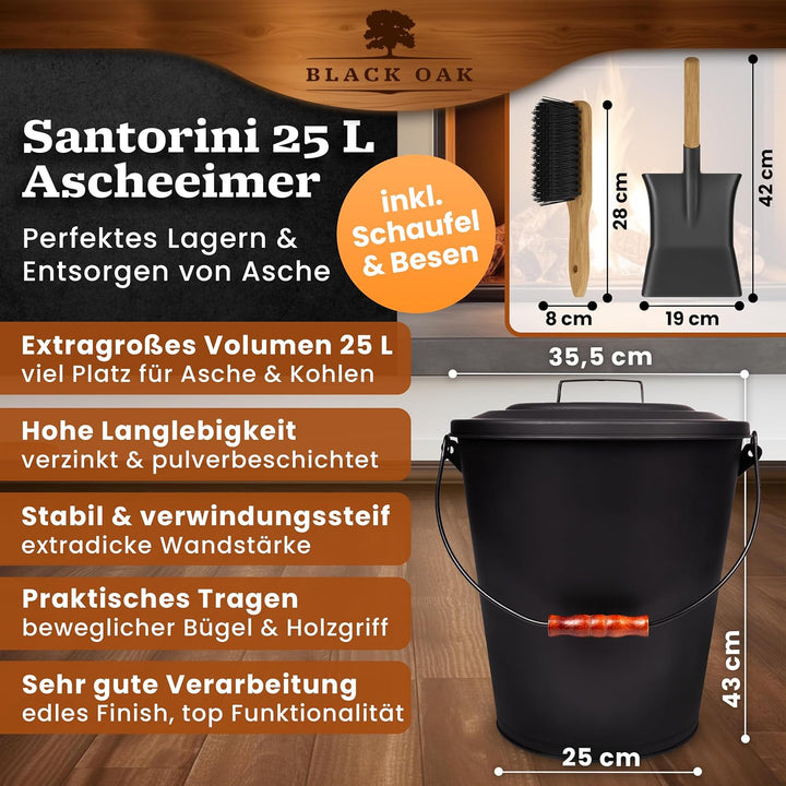 BLACK OAK Ascheeimer Santorini 25L – SET Schaufel & Besen gross 25 Liter schwarz rund mit Deckel Sta