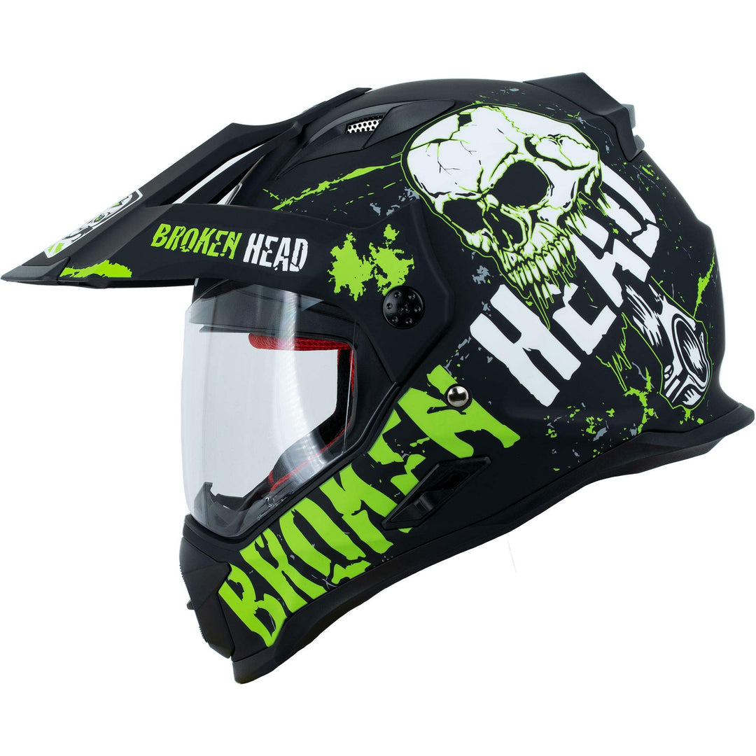 Broken Head Bone Crusher Motocross-Helm Grün mit Visier - Enduro MX Cross-Helm - Motorradhelm mit So