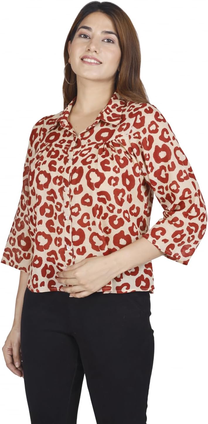 GURU SHOP Handbedruckte Bluse, Luftige Baumwollbluse, Damen, Baumwolle 36 Beige/ Rot, 36 Beige/ Rot