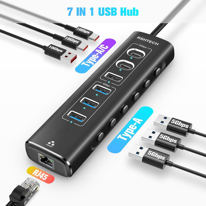 USB C 3.1 Hub Aktiv mit Netzteil, RSHTECH 7-in-1 USB C 3.2 Hub mit Ethernet Adapter, 3*10Gbps USB 3.