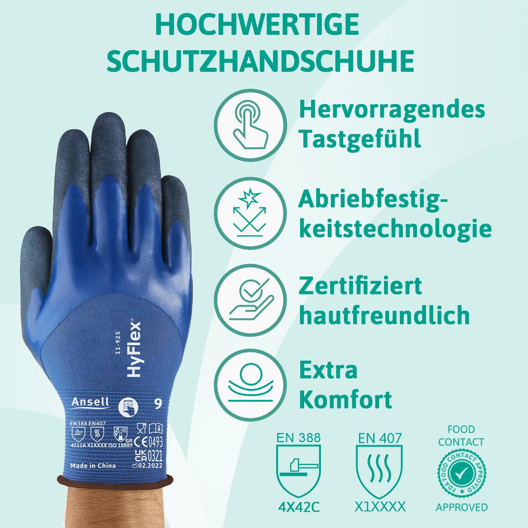 Ansell HyFlex 11-925 Ölabweisenden Arbeitshandschuhe, Rutschfeste Nitril-Beschichtung, Wasserdichte