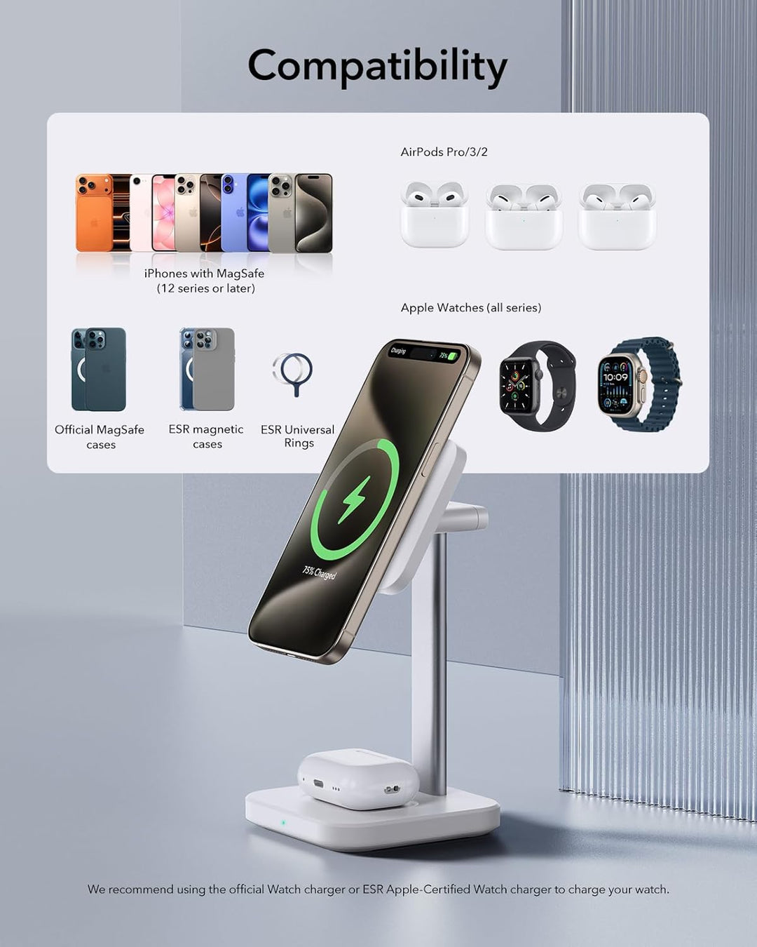 ESR 2 in 1 Ladestation Apple Watch und iPhone, Magsafe Ladestation für iPhone 17/16/15/14/13/12, App