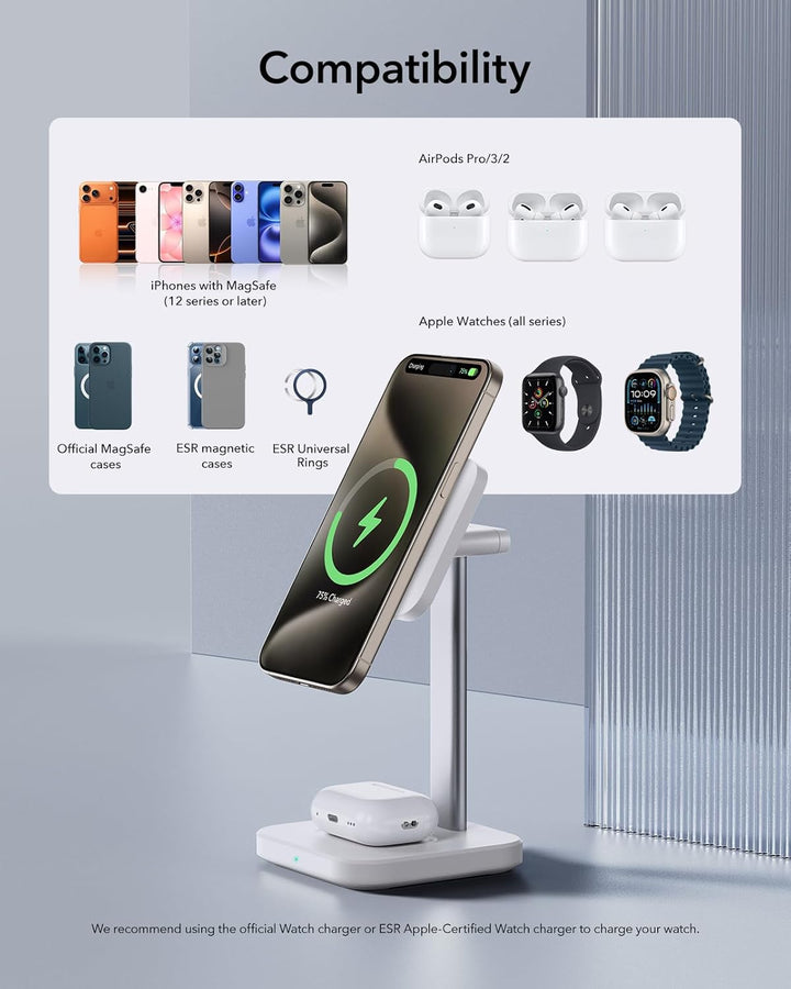 ESR 2 in 1 Ladestation Apple Watch und iPhone, Magsafe Ladestation für iPhone 17/16/15/14/13/12, App