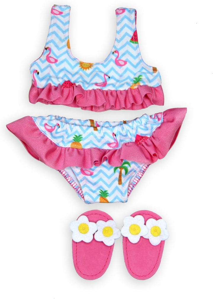 Heless - Schwimm-Set für Puppen 3 teilig Bikini mit Badeschläppchen Flamingo Grösse 35 cm Badespa
