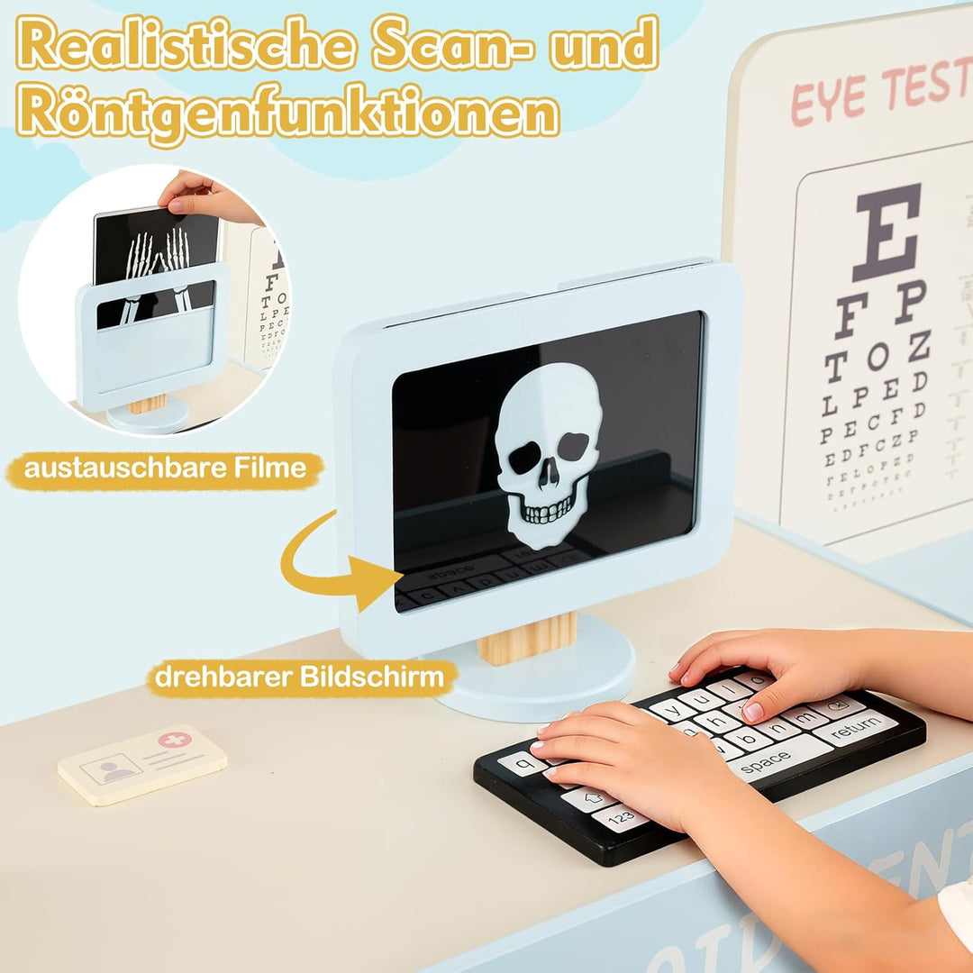 DREAMADE Arztspielset für Kinder, Krankenhaus aus Holz mit Sehtest, CT-Spielgerät & Röntgenapparat,