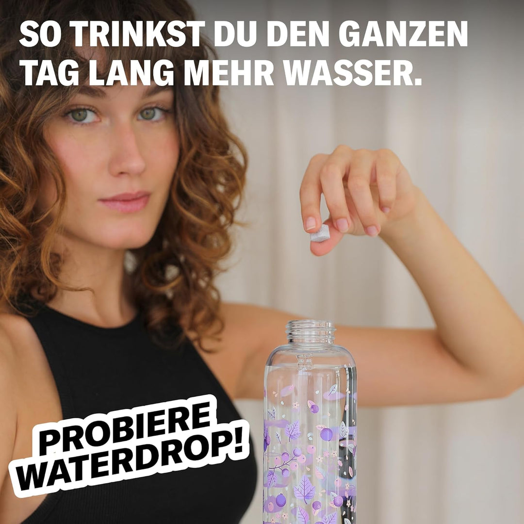 waterdrop® Starter Set Glass – Trinkflasche – 18 zuckerfrei Getränkewürfel zum Auflösen – 6 fruchtig