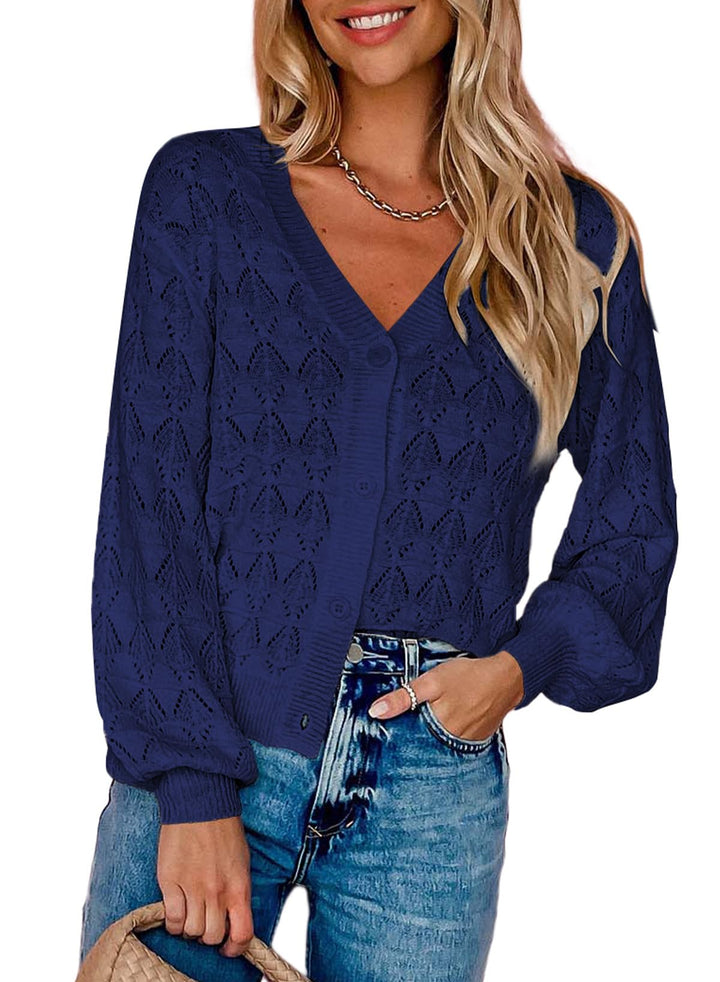 Dokotoo Damen Strickjacke V-Ausschnitt Kurzer Cardigan Elegant Langarm Leichter Strickpullover mit K