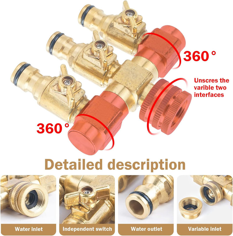 JasCherry 3-Wege-Verteiler für Aussenhahn, 3 Wege Wasseranschluss Ventil für Gartenschläuche, 3/4" A