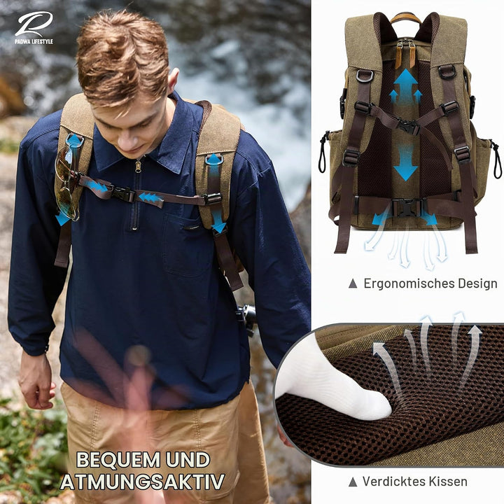 Padwa Lifestyle Kamerarucksack - Gewachstem Memory Canvas mit 16“ Laptop-/Objektivfach und Stativfac