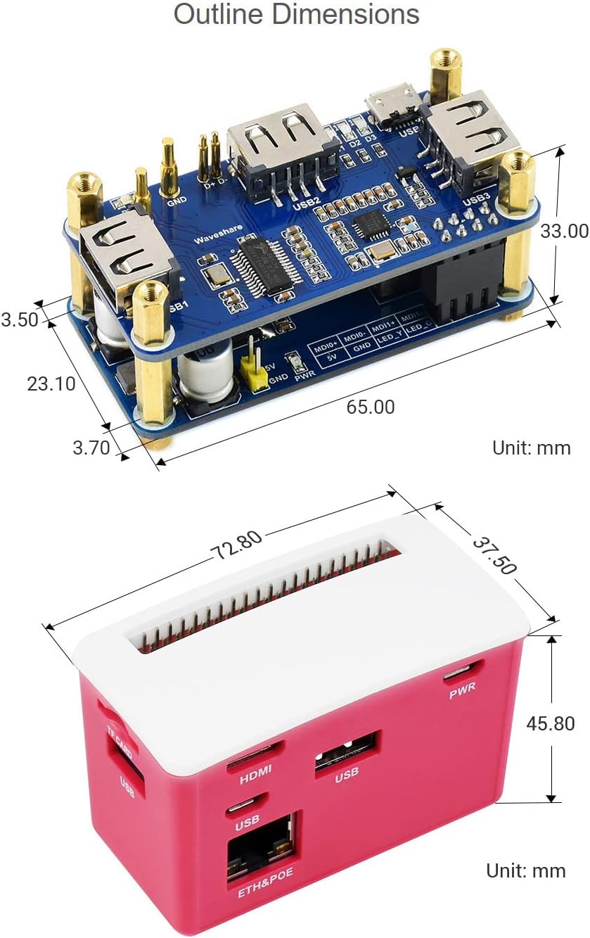 Waveshare PoE Ethernet/USB HUB Box for Raspberry Pi Zero Series 3X USB 2.0 Ports 802.3af-Compliant C