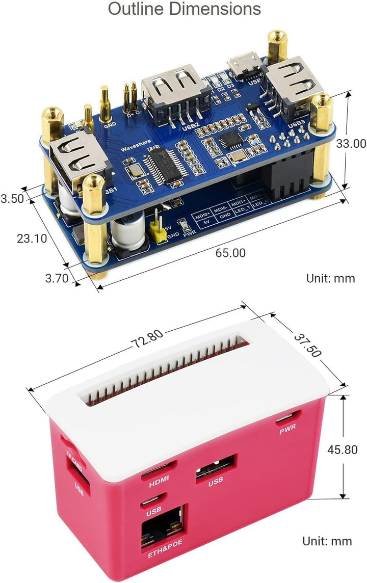 Waveshare PoE Ethernet/USB HUB Box for Raspberry Pi Zero Series 3X USB 2.0 Ports 802.3af-Compliant C