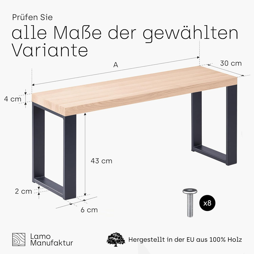 LAMO Manufaktur Sitzbank Esszimmer Holzbank 30x60x47 cm, Möbelfüsse Simple Anthrazit/Roh, LSB-01-A-0