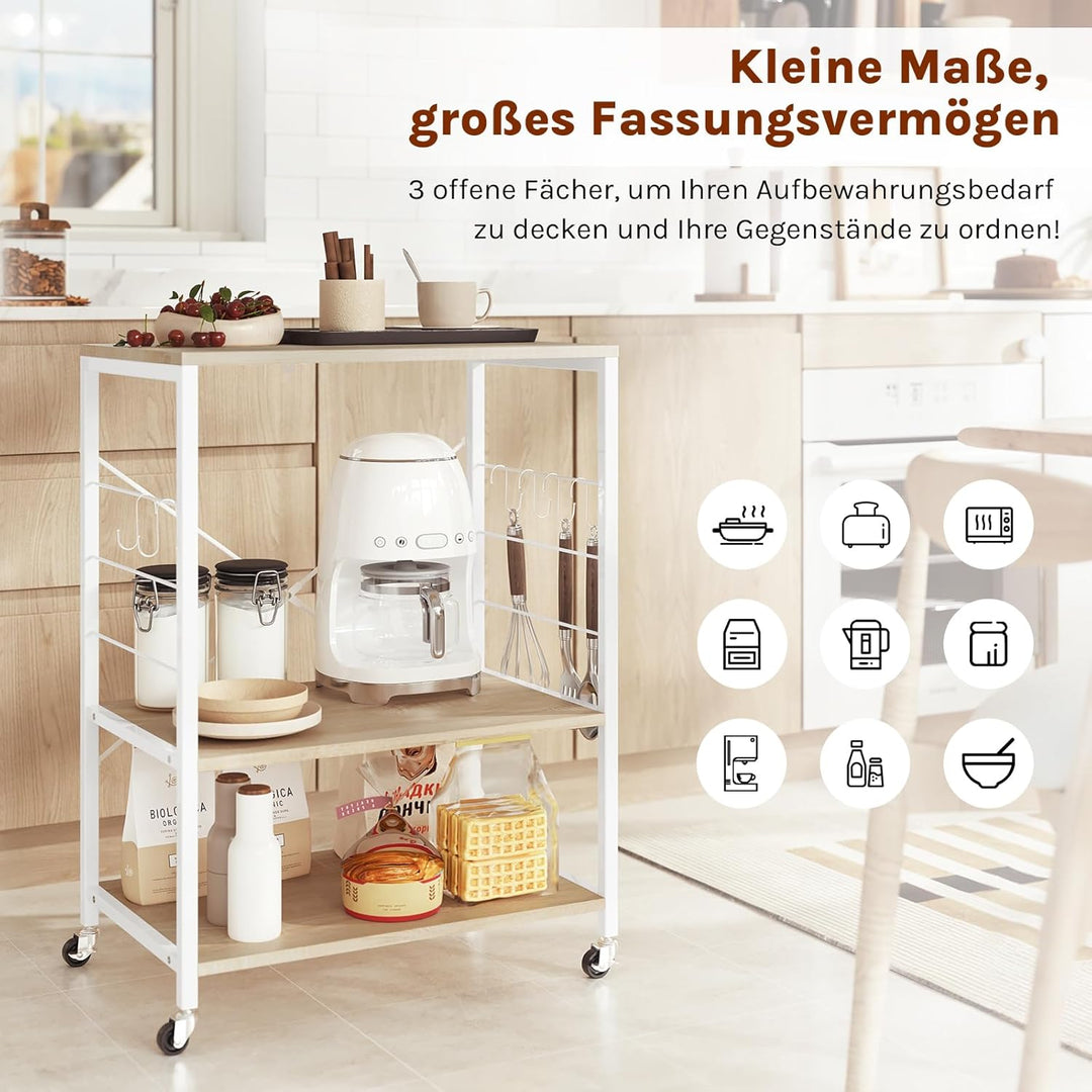 WOLTU Küchenregal auf Rollen, Mikrowellen-Regal mit 3 Ablagen & 4 Haken, dreistufiger Servierwagen m