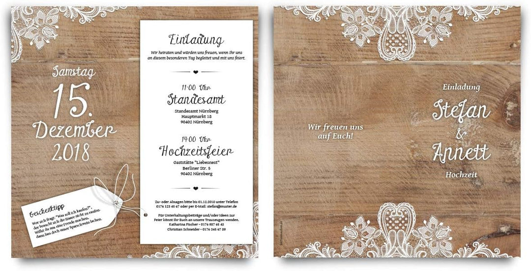 10 x Hochzeitseinladungen individuell mit Ihrem Inhalt als DIN Lang hoch Klappkarte 99 x 210 mm - Ru