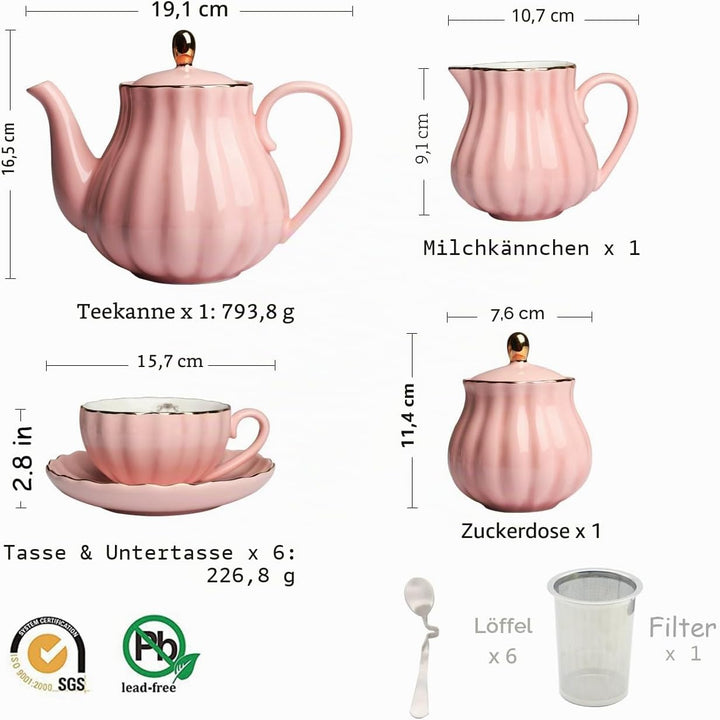 Sweejar Home 22 Stück Europäischen Stil Teeservice, Teetasse und Untertasse Set, Keramik Kaffeeset,