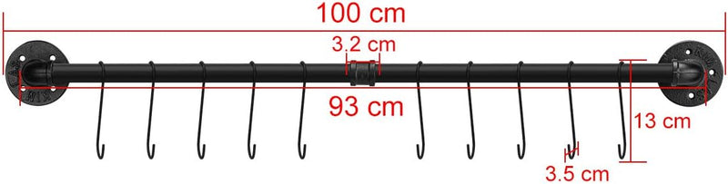 Toplife Küchen Hängeleiste für Küchenutensilien, 100 cm industrieller Stil mit 16 Haken, Hakenleiste