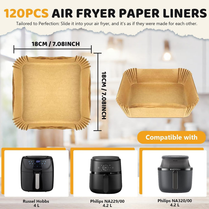 120 Stück Airfryer Backpapier für Russell Hobbs Heissluftfritteuse 4L, 18x18cm Heissluftfritteuse Ba