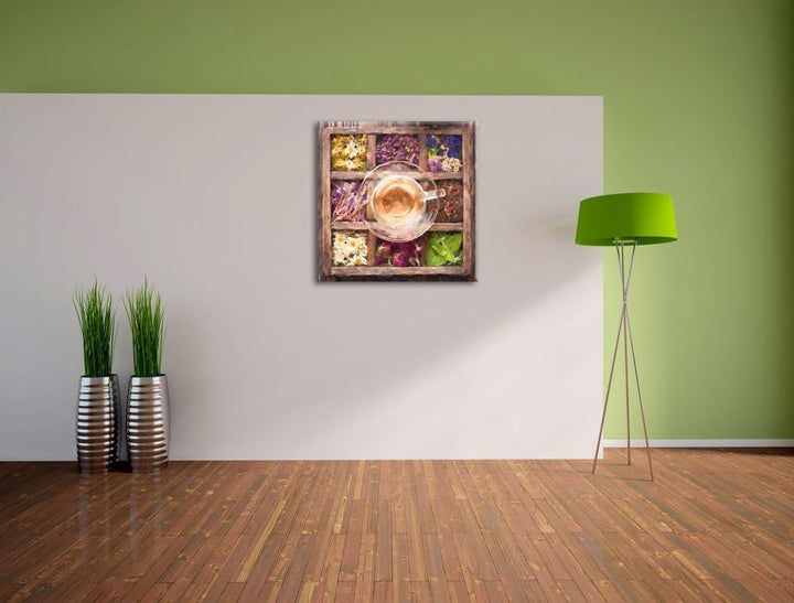 Pixxprint Kräuter in Holzbox als Leinwandbild/Grösse: 70x70 cm/Wandbild/Kunstdruck/fertig bespannt,