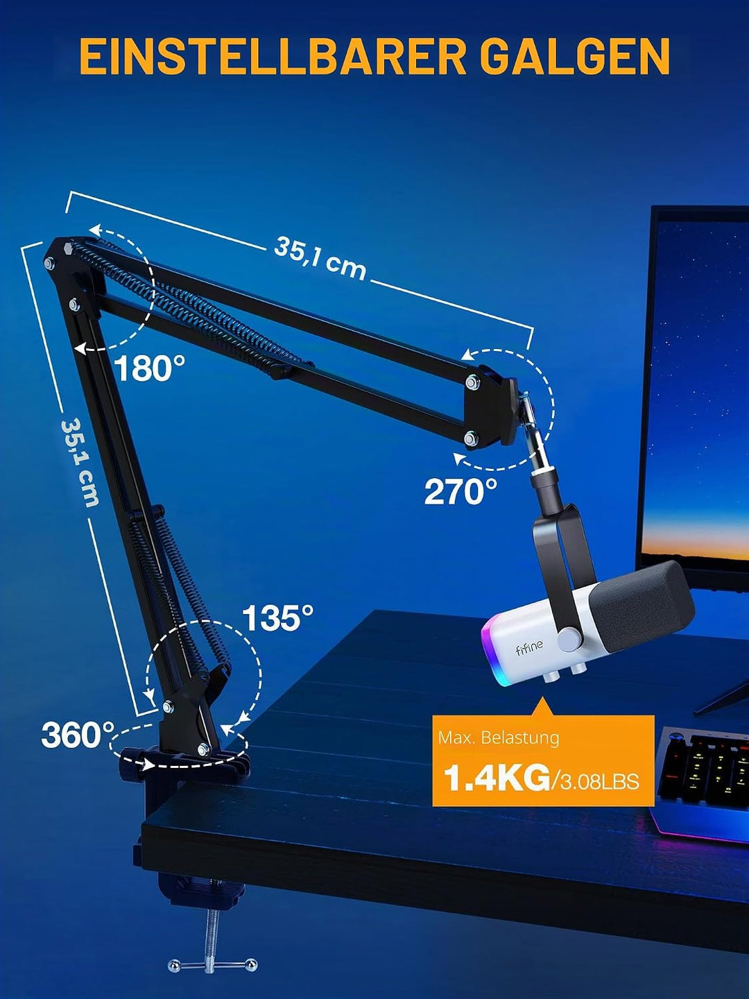 SUNMON Mikrofonarm für HyperX QuadCast - Universal Mic Boom Arm Mikrofon Ständer mit Kabelbinder, ei