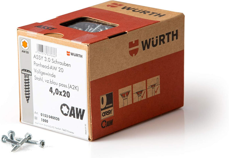 Würth 153040020 Spanplattenschraube Panhead Aw 20 Vollgewinde 4.0x20 1000 Stk