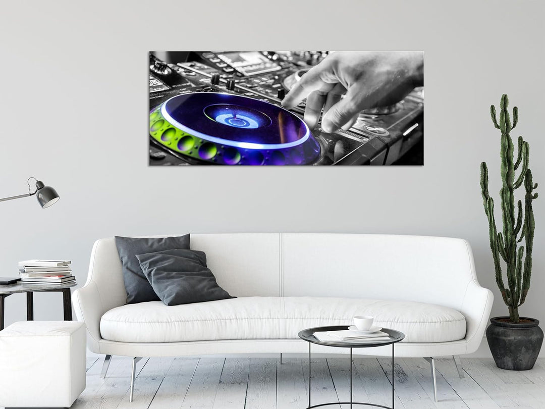 Glasbild Panorama | Wandbild aus Echtglas | DJ bei der Arbeit am Plattenteller | 100x40 cm | inkl. A