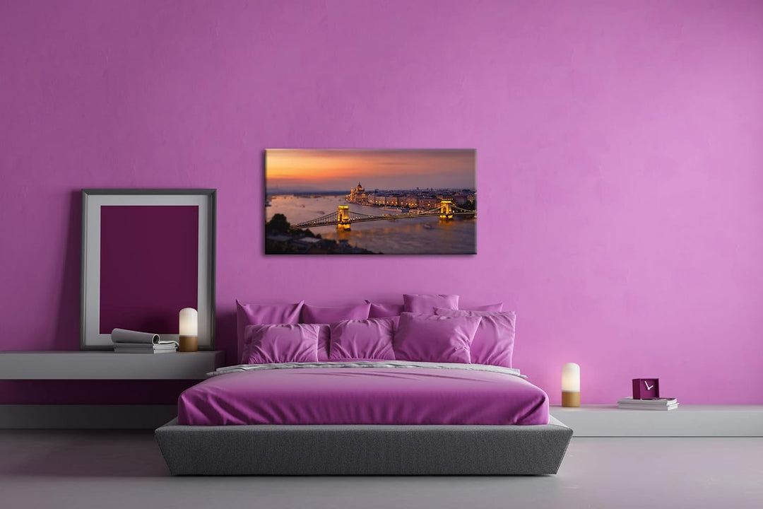 Budapest bei Abenddämmerung Panorama 60x30 cm als Leinwandbild, Motiv fertig gerahmt auf Echtholzrah