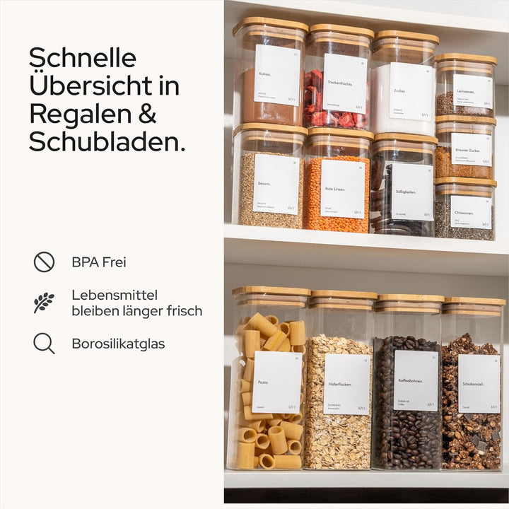 KIVY Vorratsgläser eckig [12er Set] + Etiketten - Stapelbare & Luftdichte Vorratsgläser mit Deckel -