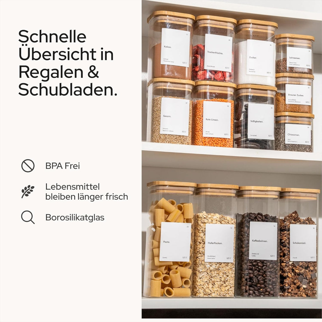 KIVY Vorratsgläser eckig [2x 1800ml] + Etiketten - Stapelbare & Luftdichte Aufbewahrungsgläser mit D