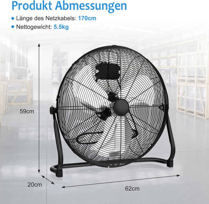 GOPLUS Bodenventilator, Ø 50 cm Standventilator mit 3 Geschwindigkeitsstufen & Handgriff, 145° verst