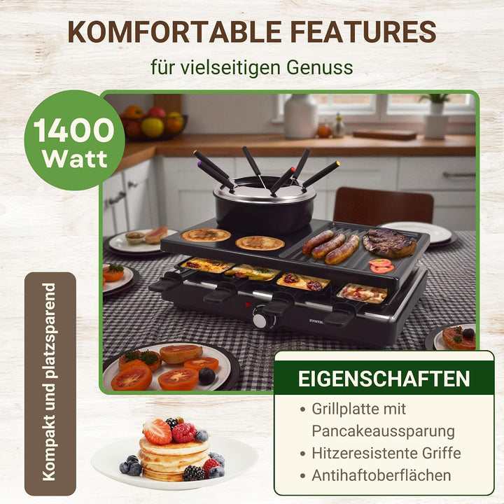 Syntrox Raclette Fondue 2in1 für 8 Personen, 1400 W, antihaft Grillplatte, 8 Pfännchen, 1,4 l Fondue