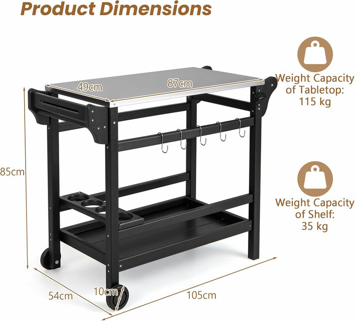 KOMFOTTEU Grillwagen Grilltisch mit Edelstahl Arbeitsplatte, Garten Rollwagen aus HDPE, Servierwagen