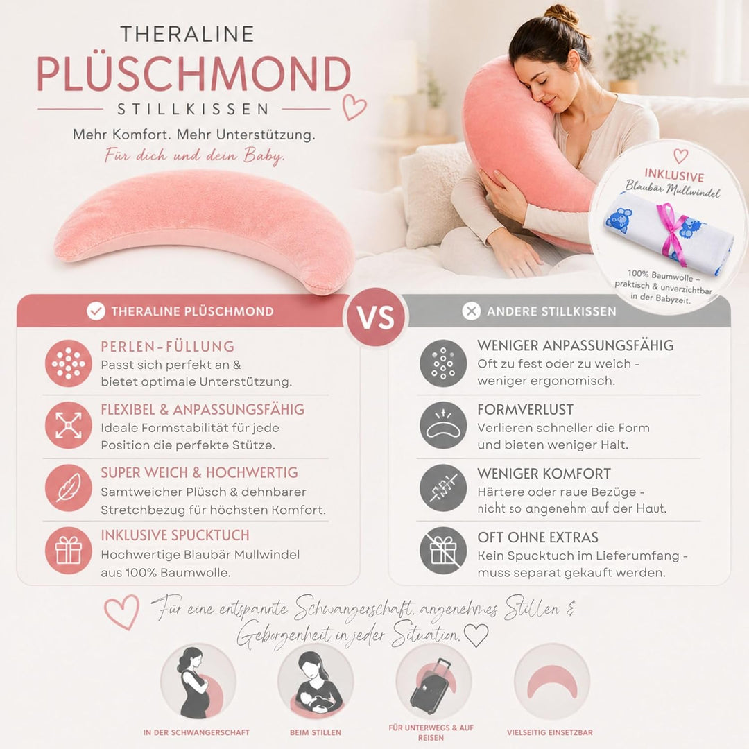 Set Theraline Plüschmond Stillkissen, Bauchstützkissen & Spucktuch Blaubär | Schmusekissen und Lesek